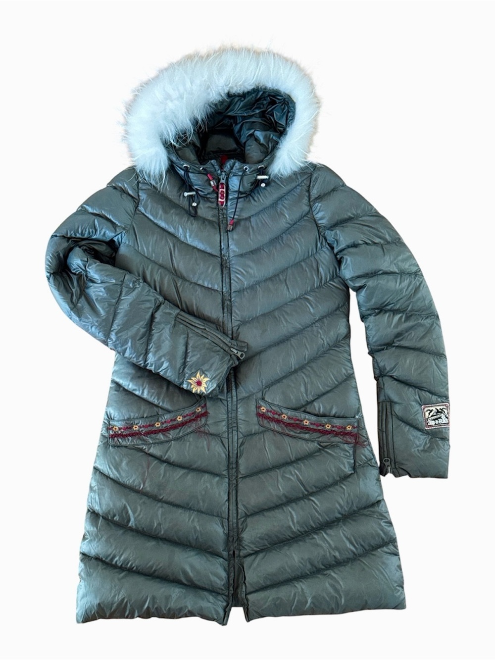 Alp N Rock "Gstaad" Long Down Puffer Coat olive green fur trim XS size 2